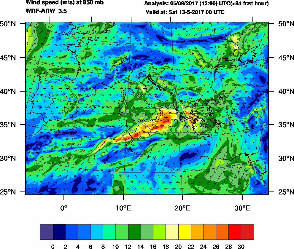 Wind speed (m/s) at 850 mb - 2017-05-13 00:00