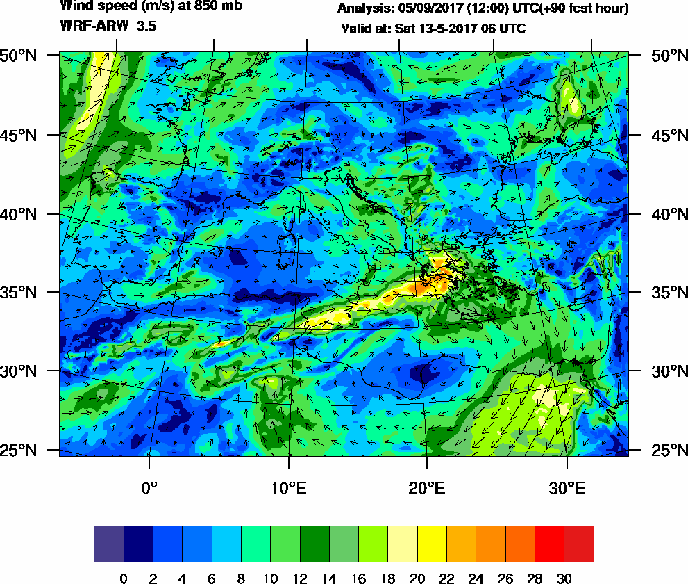 Wind speed (m/s) at 850 mb - 2017-05-13 06:00