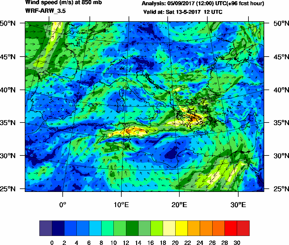 Wind speed (m/s) at 850 mb - 2017-05-13 12:00