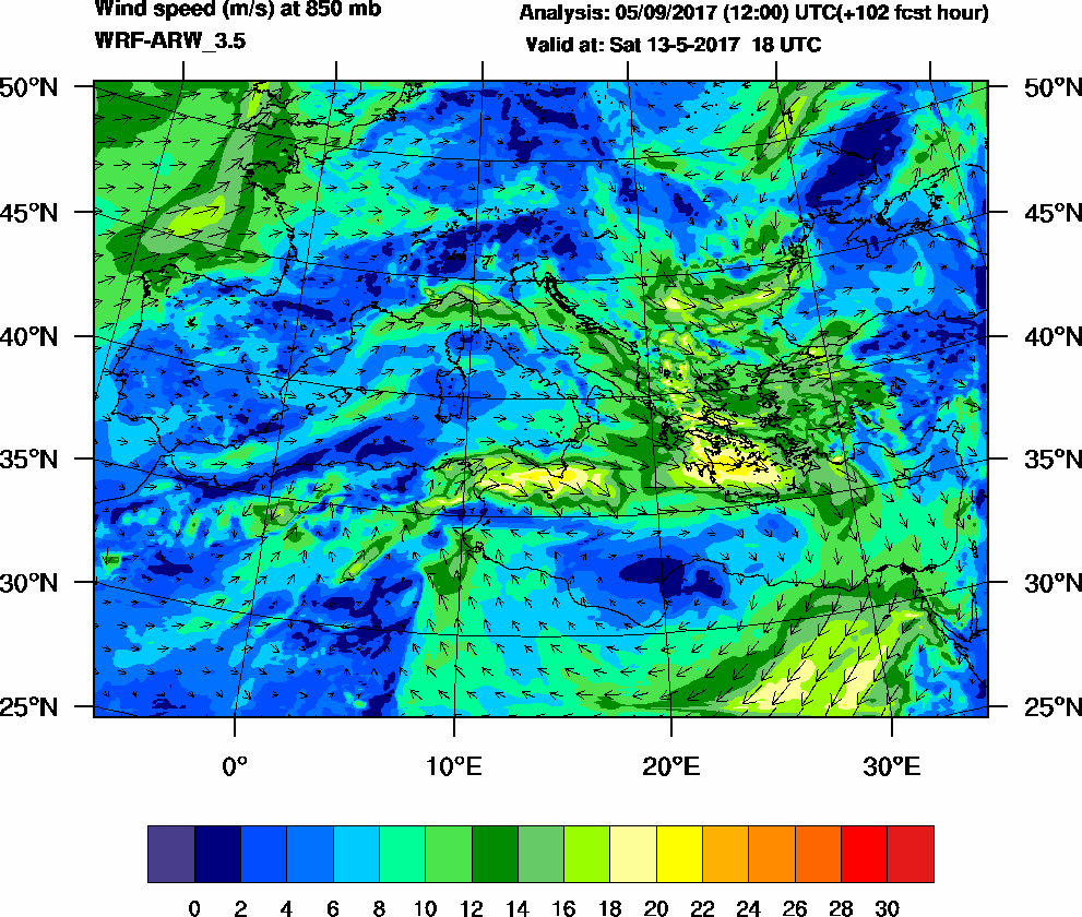 Wind speed (m/s) at 850 mb - 2017-05-13 18:00