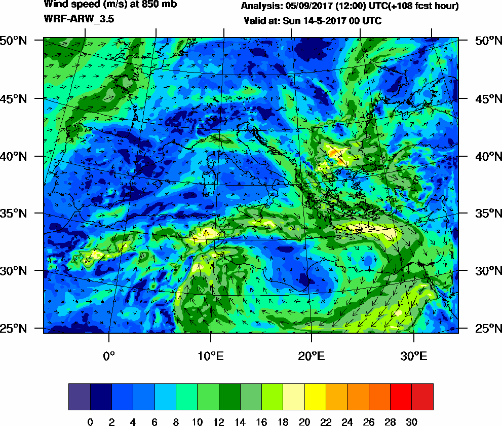 Wind speed (m/s) at 850 mb - 2017-05-14 00:00