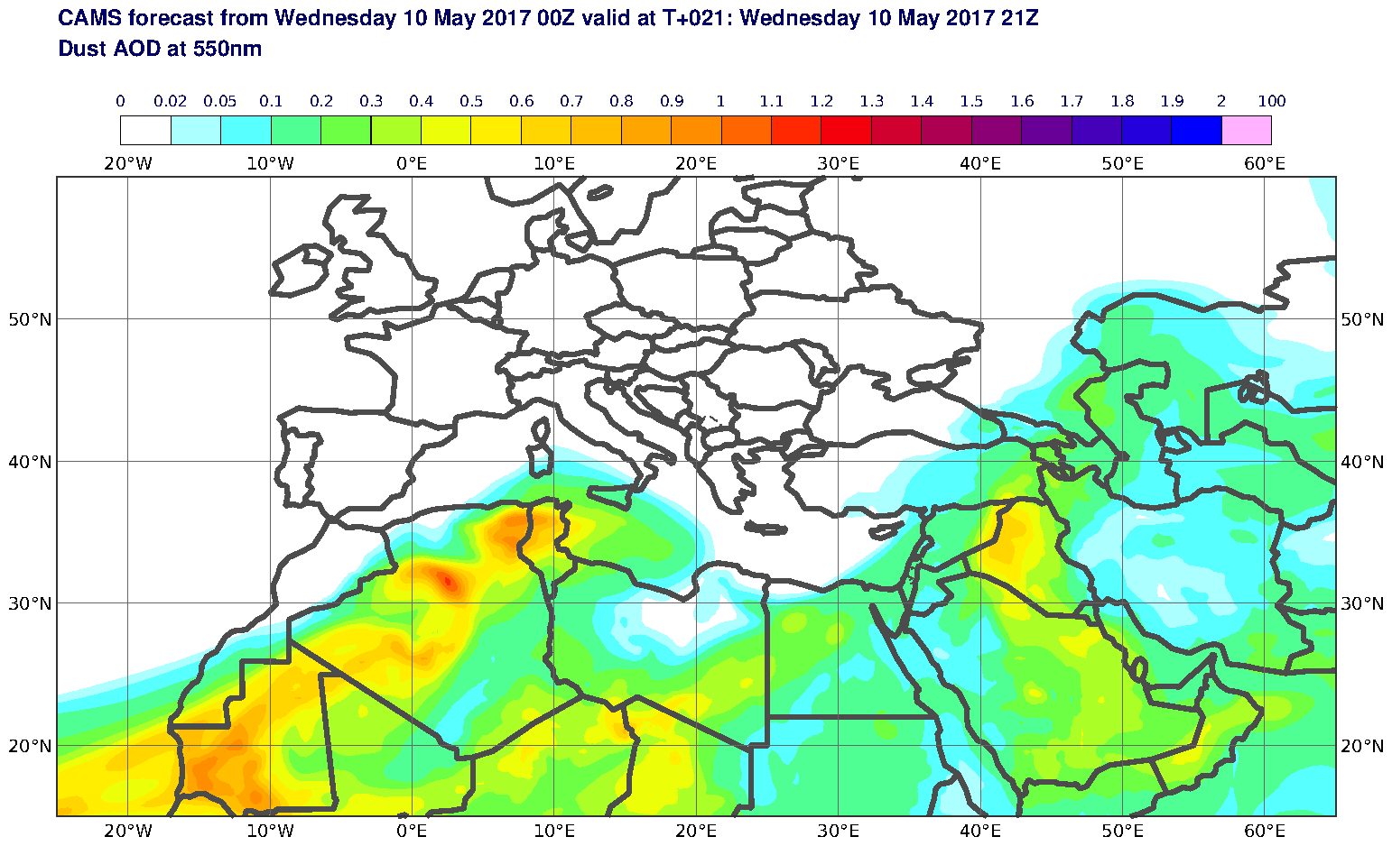 Dust AOD at 550nm valid at T21 - 2017-05-10 21:00
