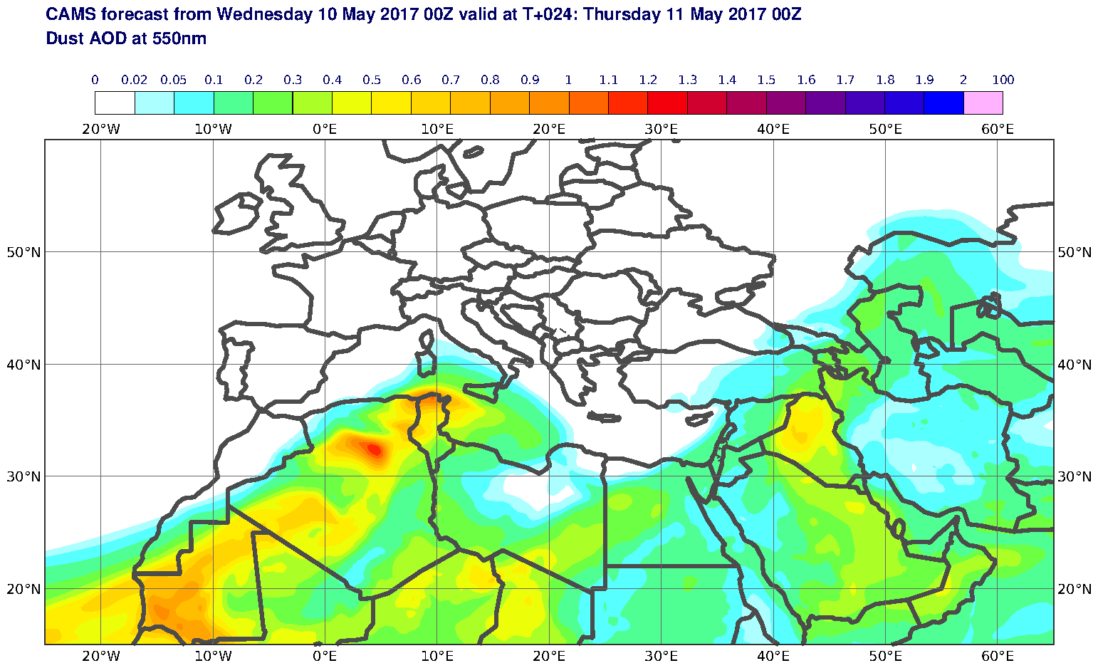 Dust AOD at 550nm valid at T24 - 2017-05-11 00:00