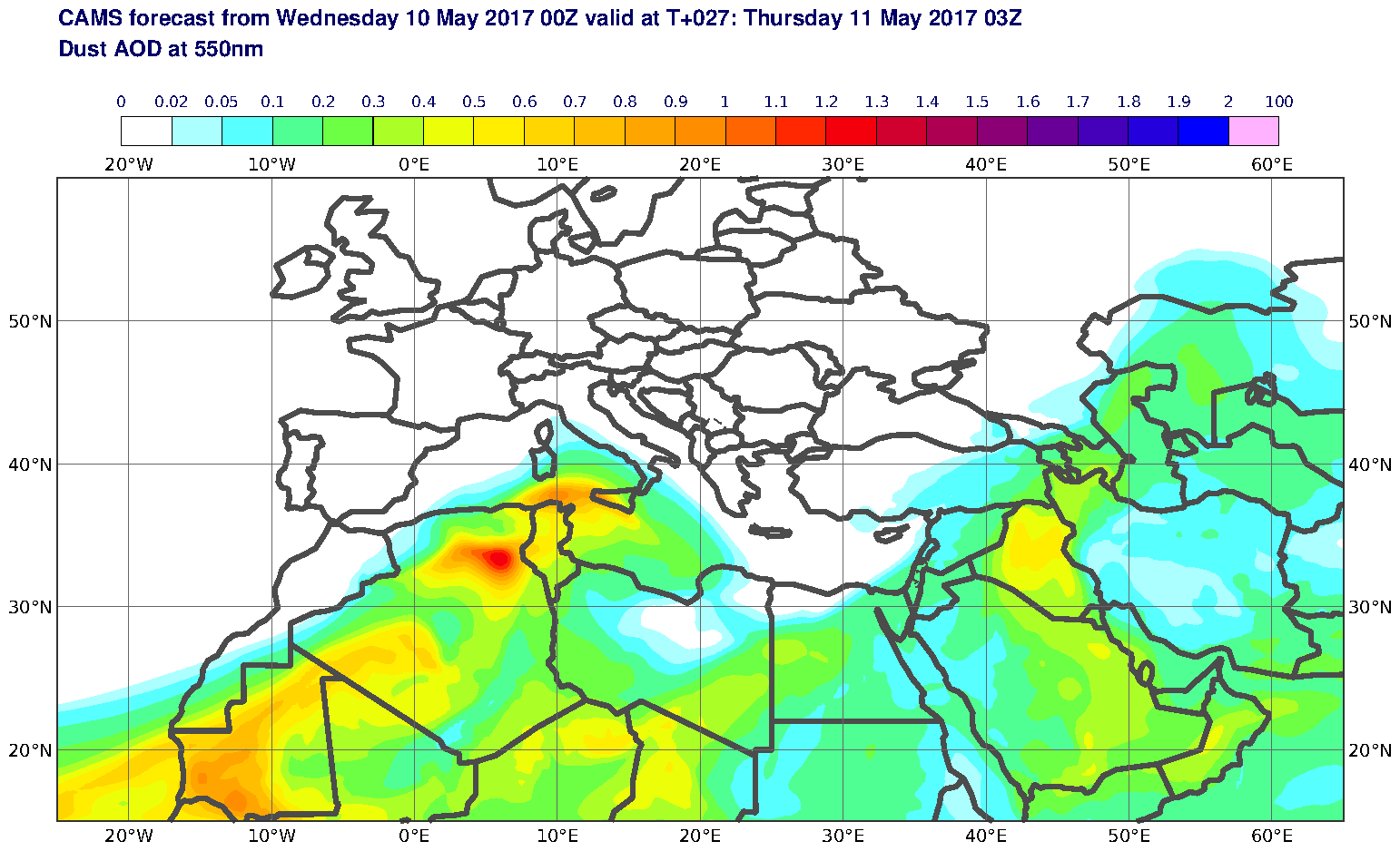 Dust AOD at 550nm valid at T27 - 2017-05-11 03:00