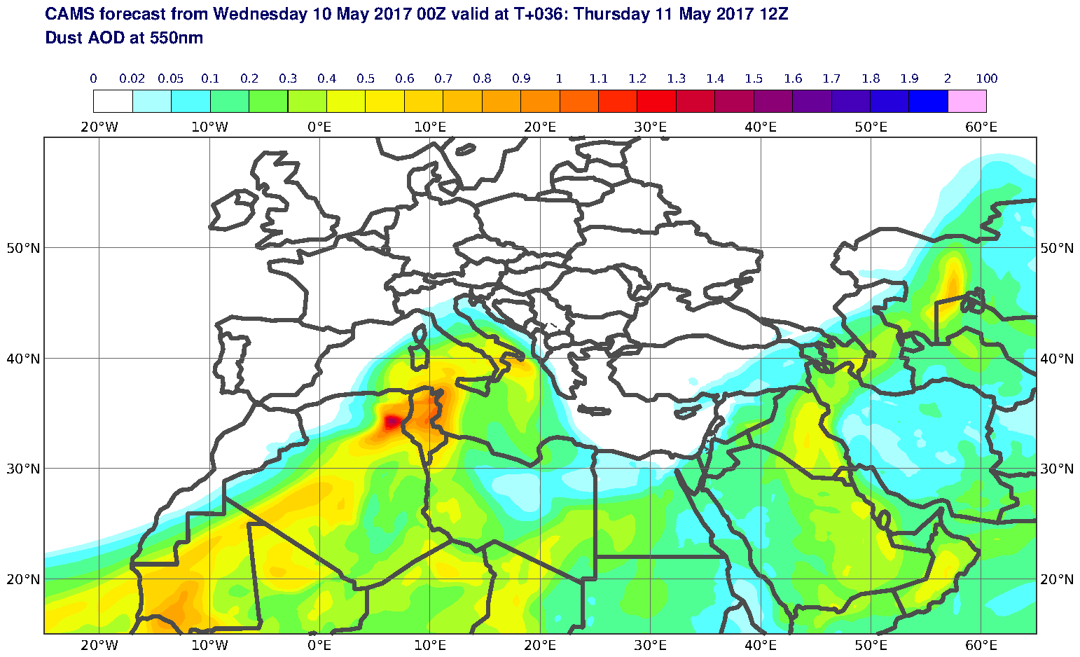Dust AOD at 550nm valid at T36 - 2017-05-11 12:00