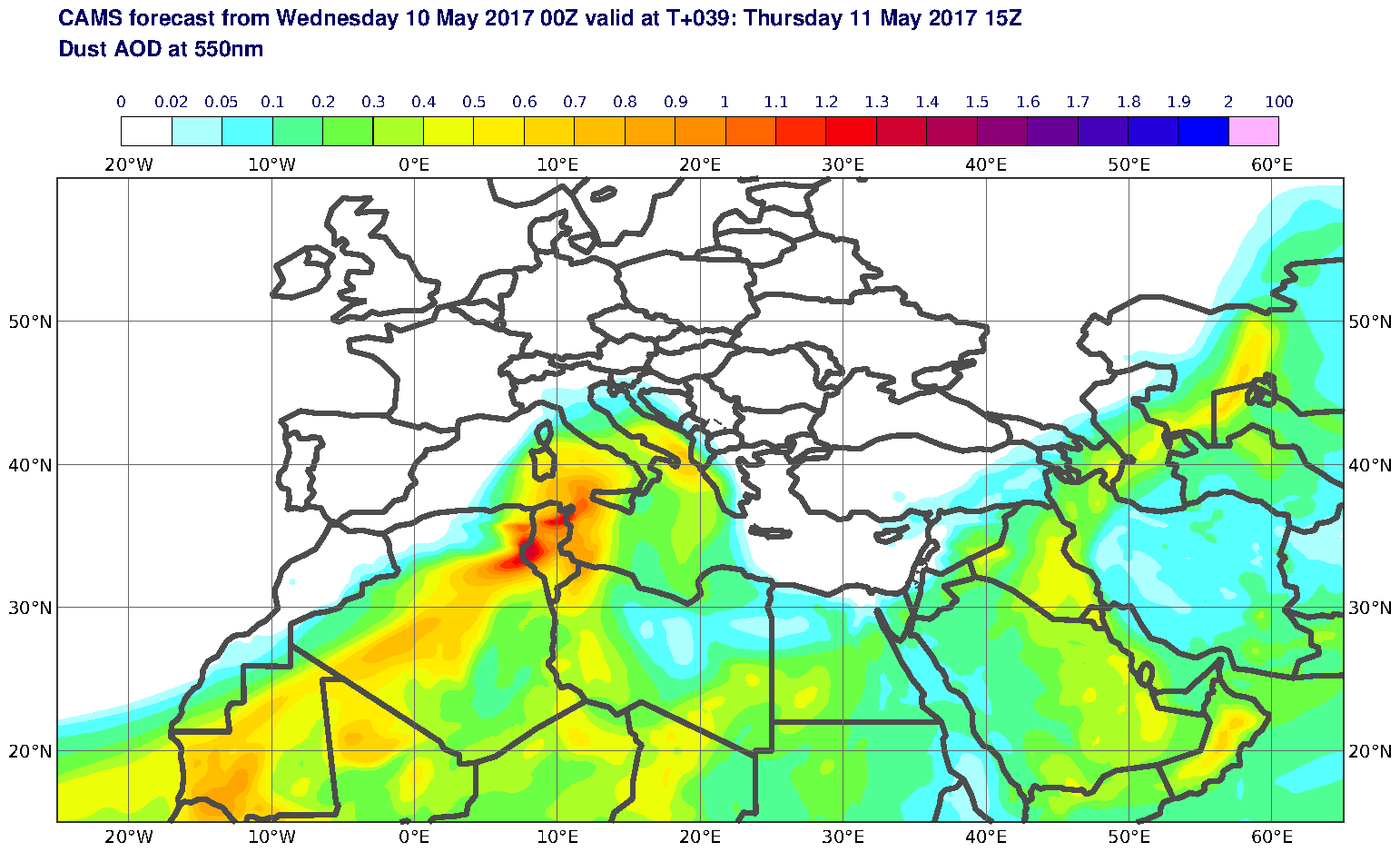 Dust AOD at 550nm valid at T39 - 2017-05-11 15:00