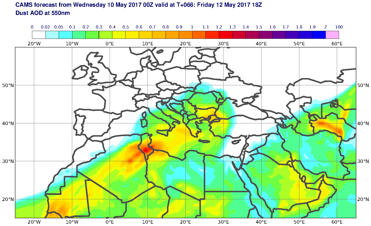 Dust AOD at 550nm valid at T66 - 2017-05-12 18:00