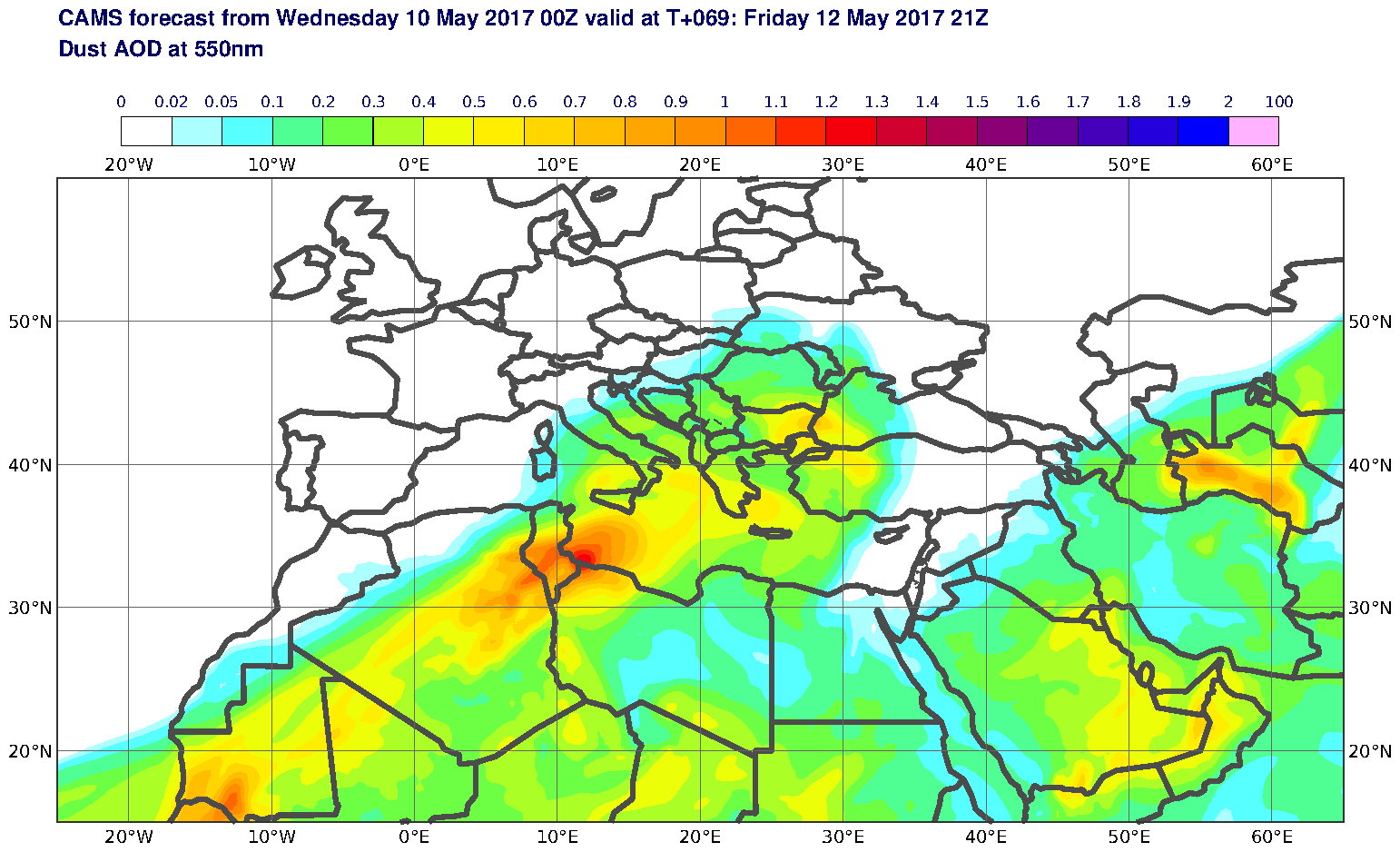 Dust AOD at 550nm valid at T69 - 2017-05-12 21:00