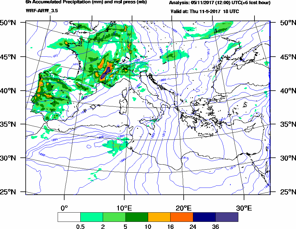 6h Accumulated Precipitation (mm) and msl press (mb) - 2017-05-11 12:00