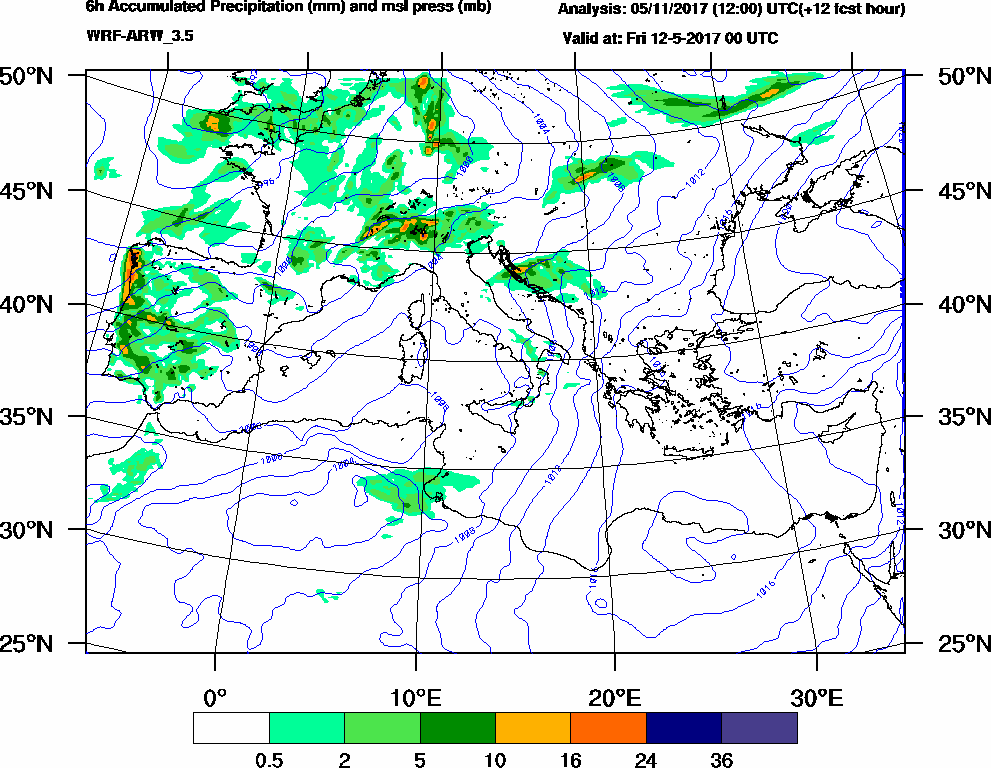 6h Accumulated Precipitation (mm) and msl press (mb) - 2017-05-11 18:00