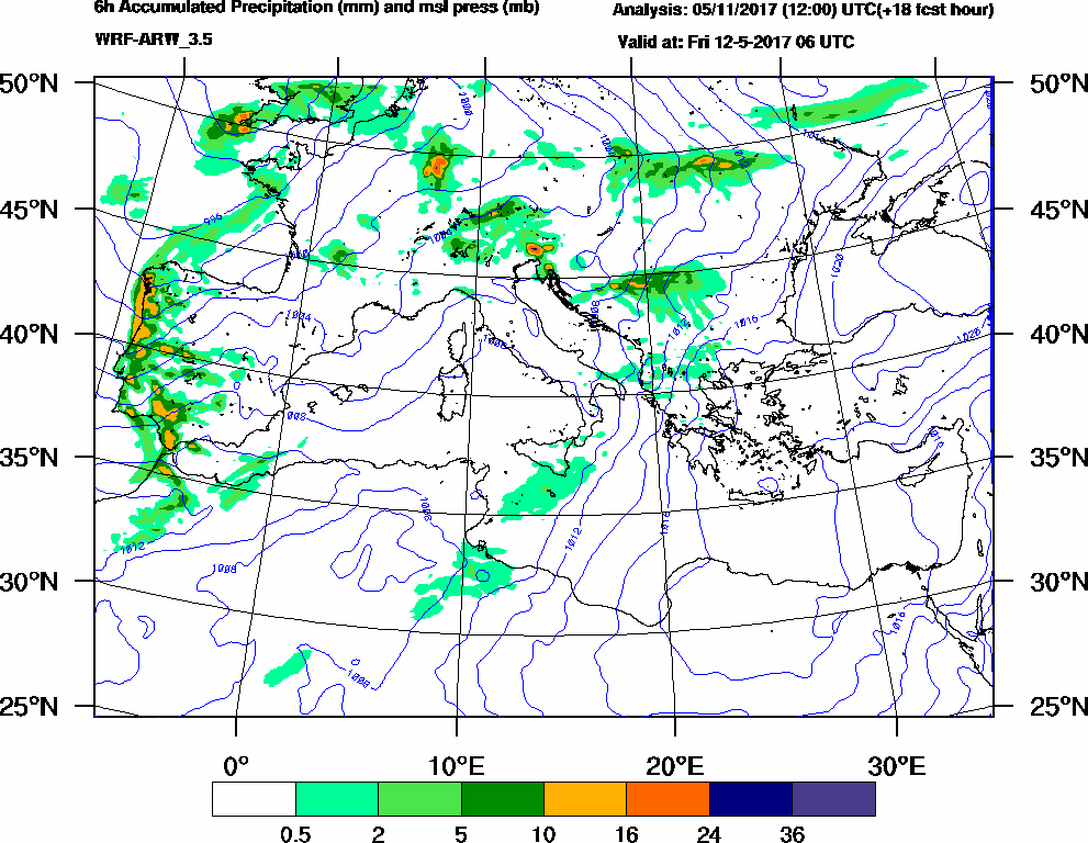 6h Accumulated Precipitation (mm) and msl press (mb) - 2017-05-12 00:00