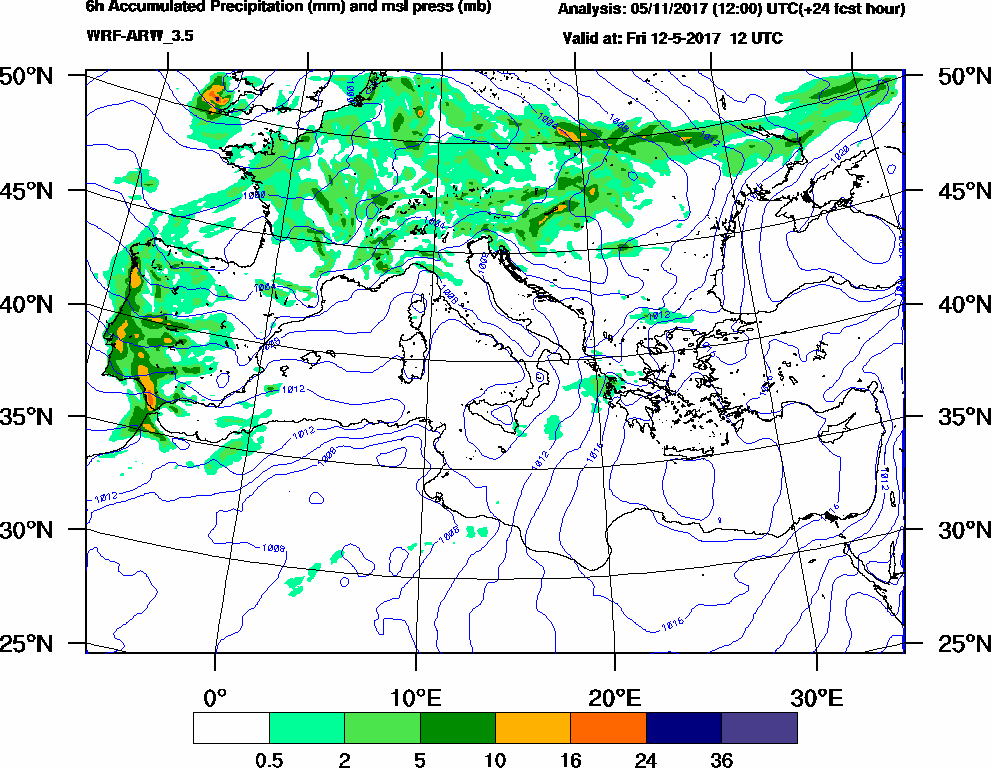 6h Accumulated Precipitation (mm) and msl press (mb) - 2017-05-12 06:00