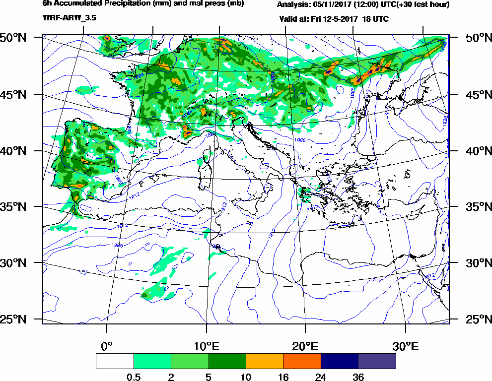 6h Accumulated Precipitation (mm) and msl press (mb) - 2017-05-12 12:00