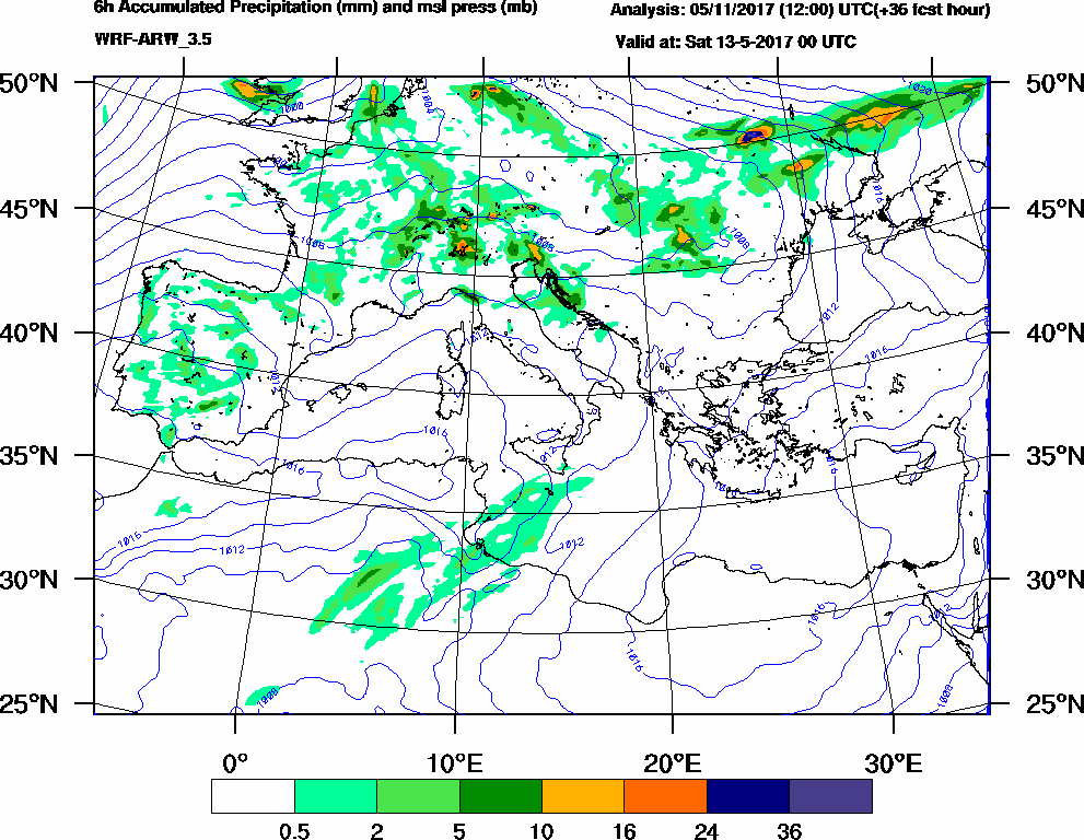 6h Accumulated Precipitation (mm) and msl press (mb) - 2017-05-12 18:00