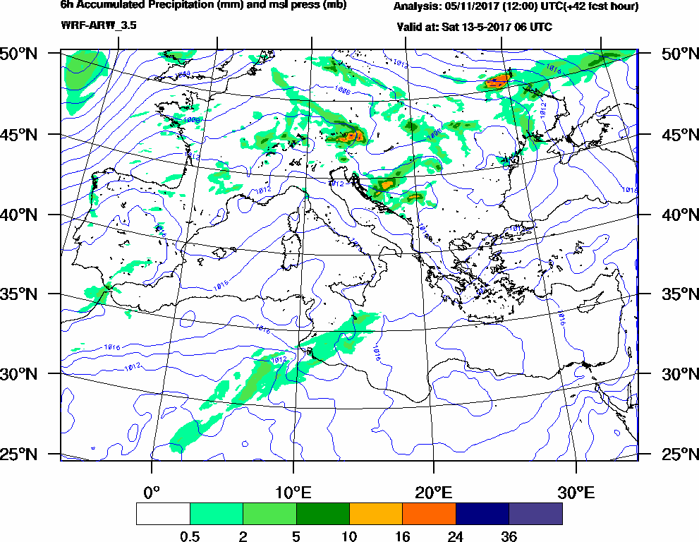 6h Accumulated Precipitation (mm) and msl press (mb) - 2017-05-13 00:00