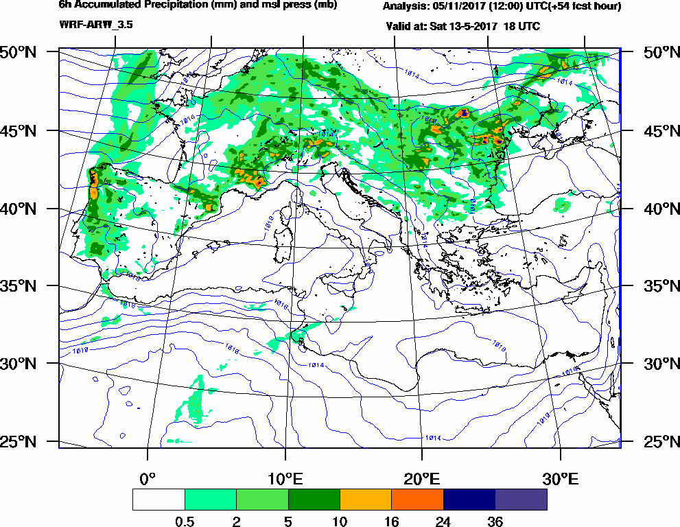 6h Accumulated Precipitation (mm) and msl press (mb) - 2017-05-13 12:00