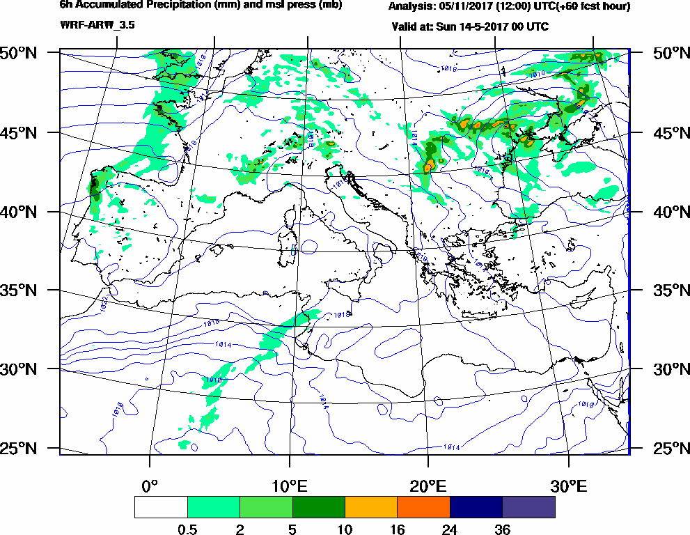 6h Accumulated Precipitation (mm) and msl press (mb) - 2017-05-13 18:00