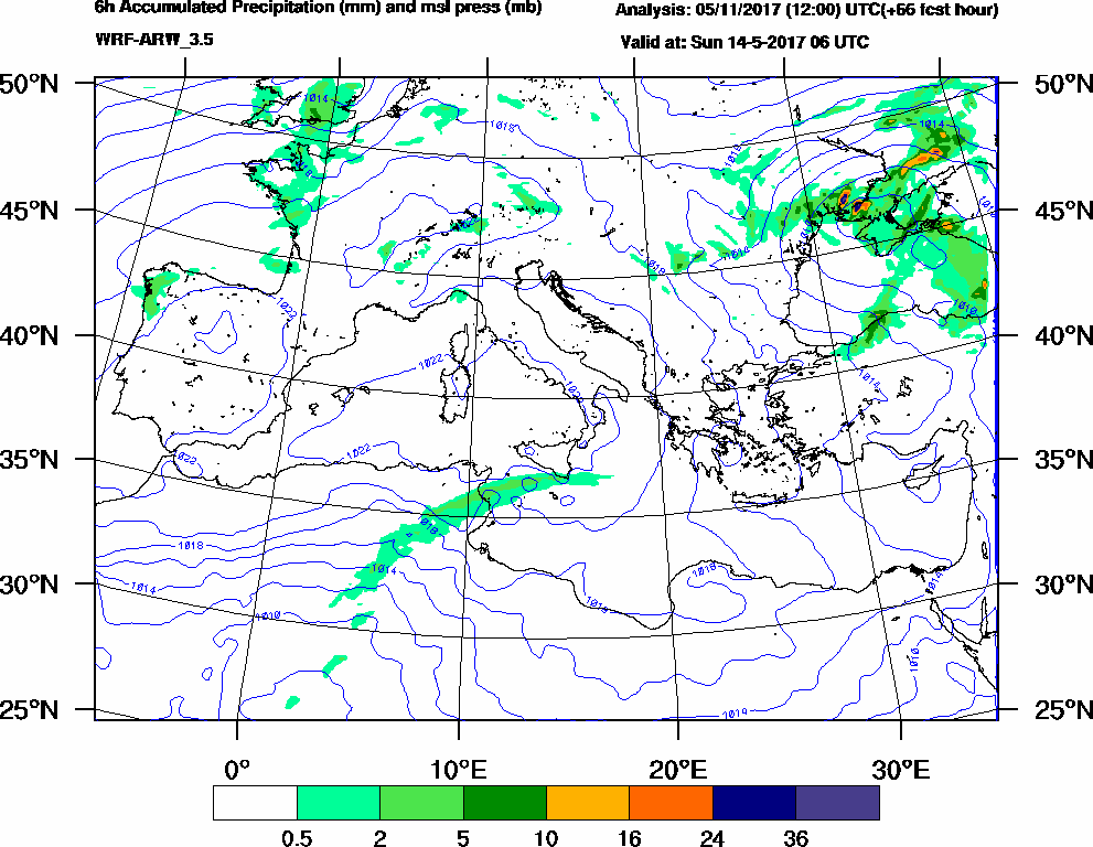 6h Accumulated Precipitation (mm) and msl press (mb) - 2017-05-14 00:00