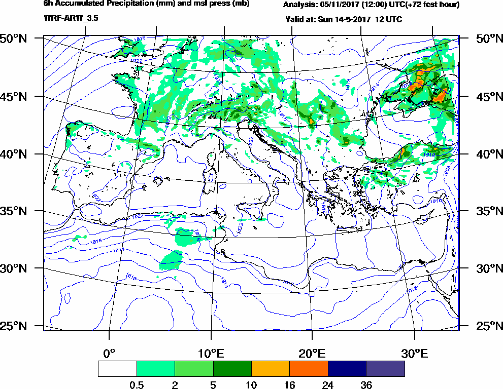 6h Accumulated Precipitation (mm) and msl press (mb) - 2017-05-14 06:00