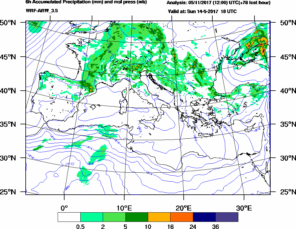 6h Accumulated Precipitation (mm) and msl press (mb) - 2017-05-14 12:00