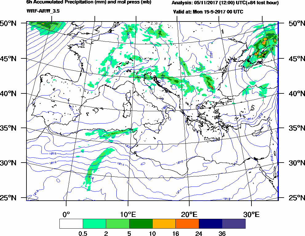 6h Accumulated Precipitation (mm) and msl press (mb) - 2017-05-14 18:00