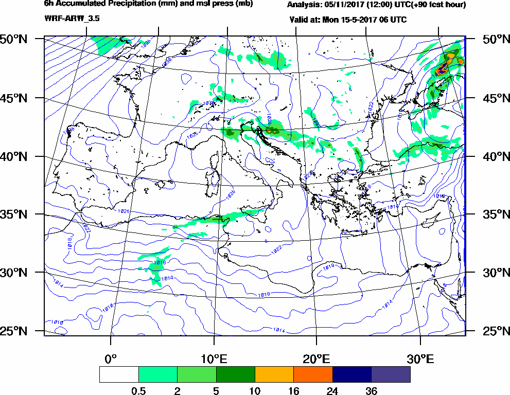 6h Accumulated Precipitation (mm) and msl press (mb) - 2017-05-15 00:00