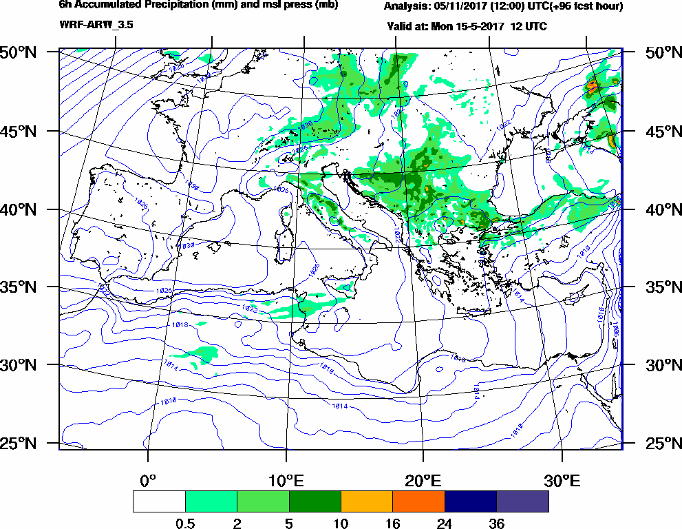 6h Accumulated Precipitation (mm) and msl press (mb) - 2017-05-15 06:00