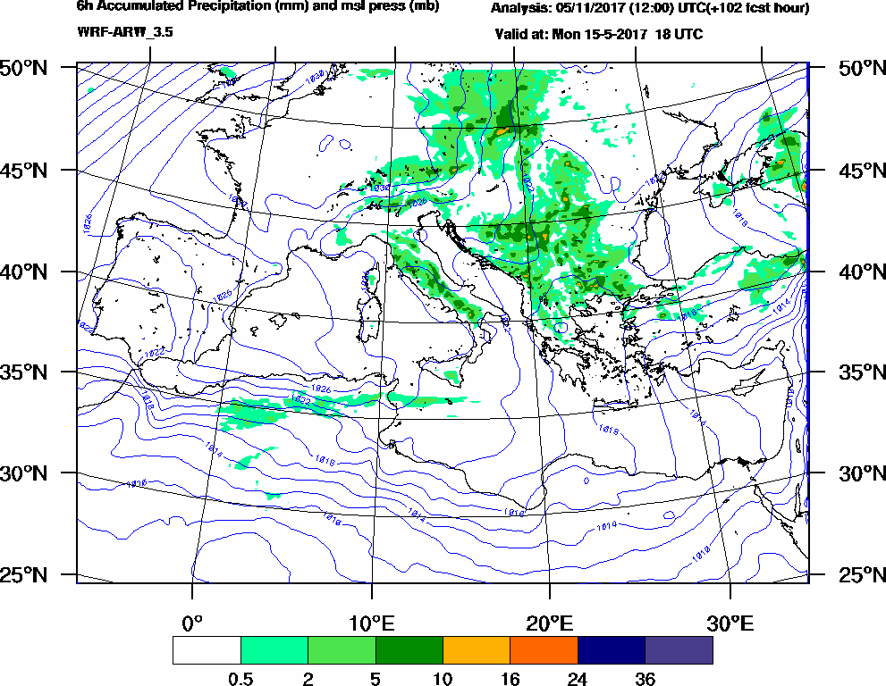 6h Accumulated Precipitation (mm) and msl press (mb) - 2017-05-15 12:00