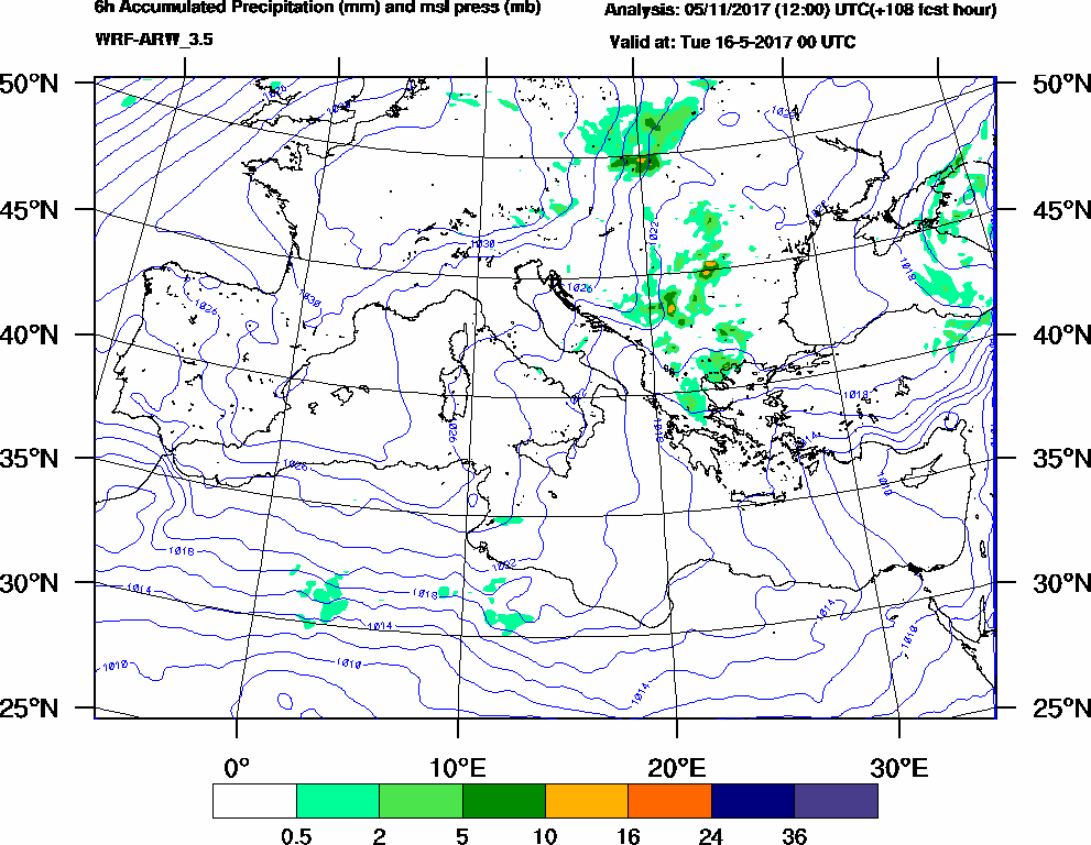 6h Accumulated Precipitation (mm) and msl press (mb) - 2017-05-15 18:00