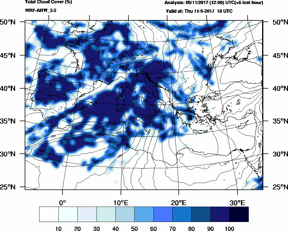 Total cloud cover (%) - 2017-05-11 12:00