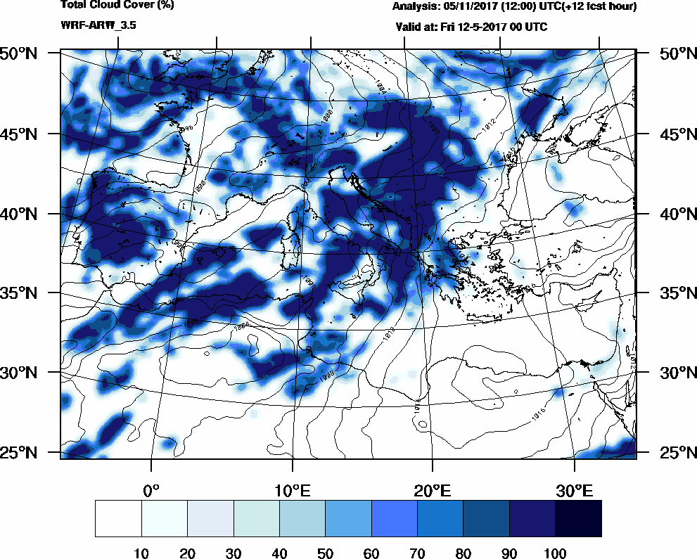 Total cloud cover (%) - 2017-05-11 18:00