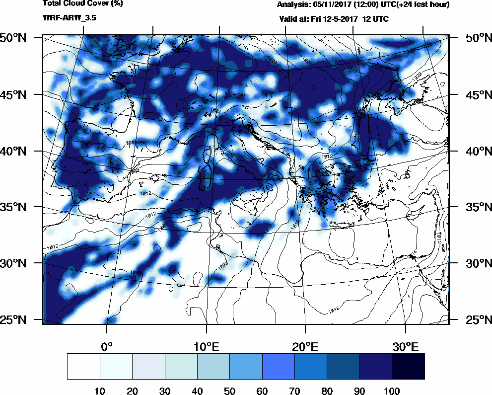 Total cloud cover (%) - 2017-05-12 06:00