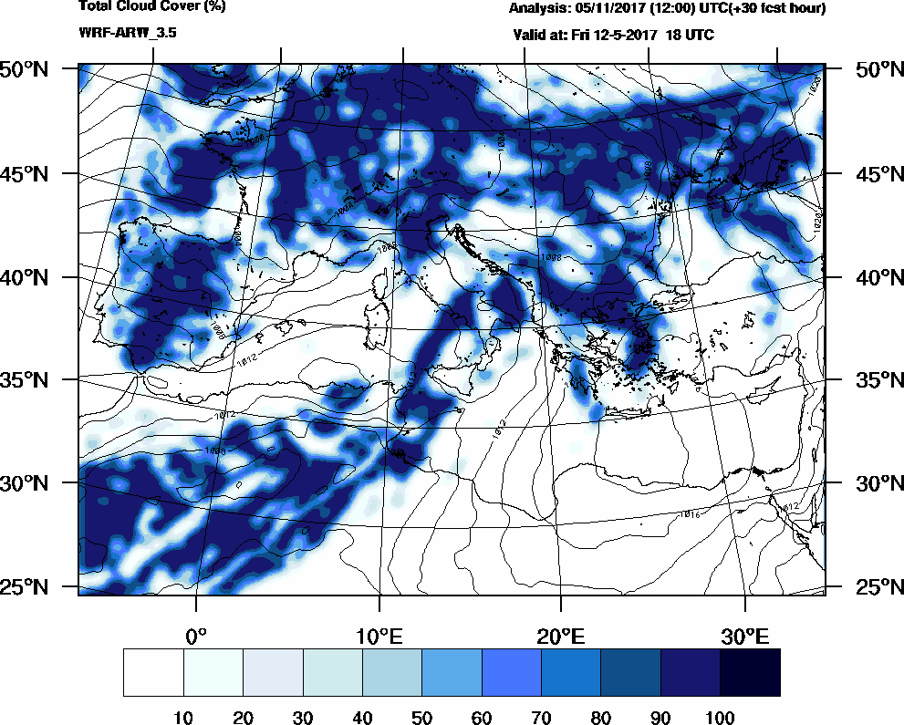 Total cloud cover (%) - 2017-05-12 12:00