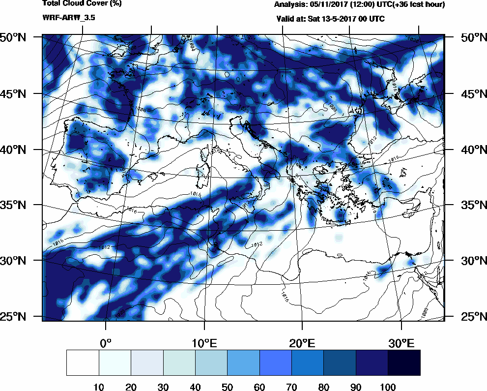 Total cloud cover (%) - 2017-05-12 18:00