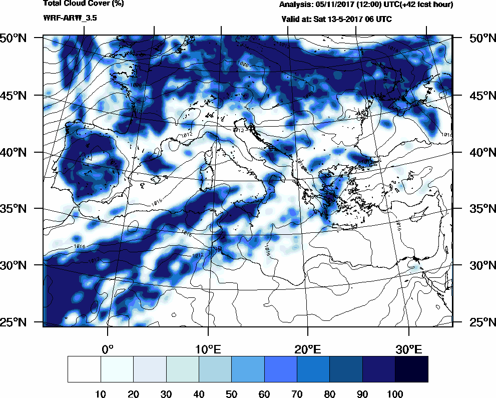 Total cloud cover (%) - 2017-05-13 00:00