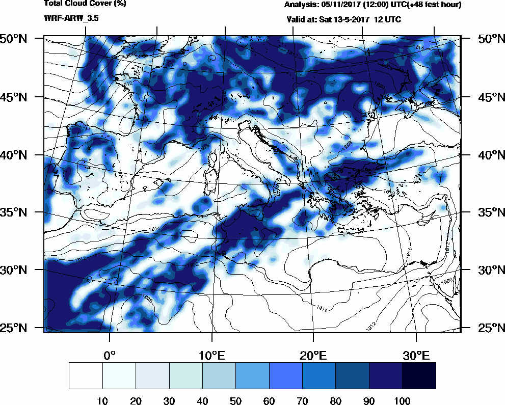 Total cloud cover (%) - 2017-05-13 06:00