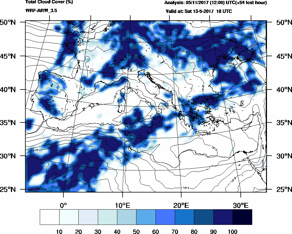 Total cloud cover (%) - 2017-05-13 12:00