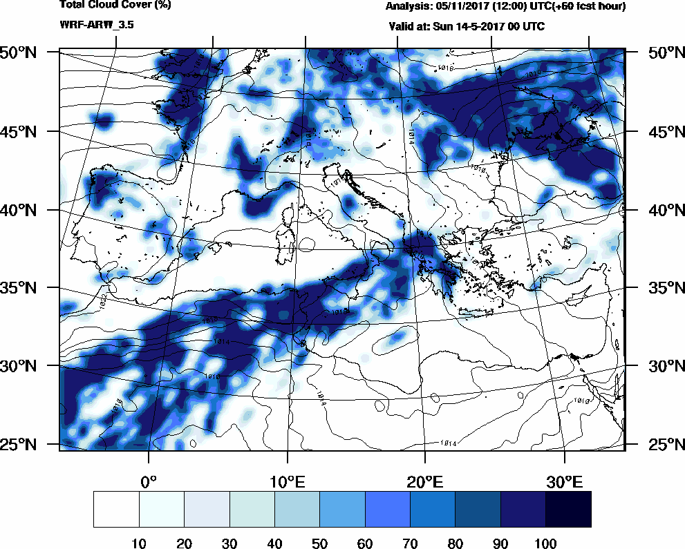 Total cloud cover (%) - 2017-05-13 18:00