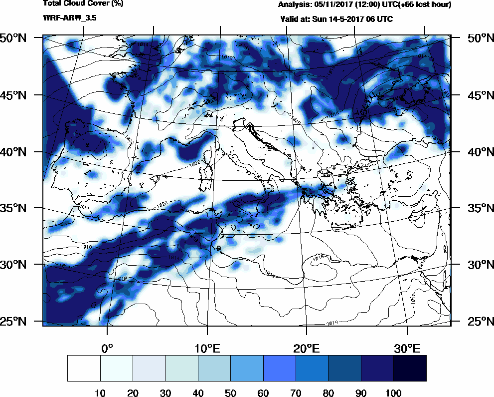 Total cloud cover (%) - 2017-05-14 00:00