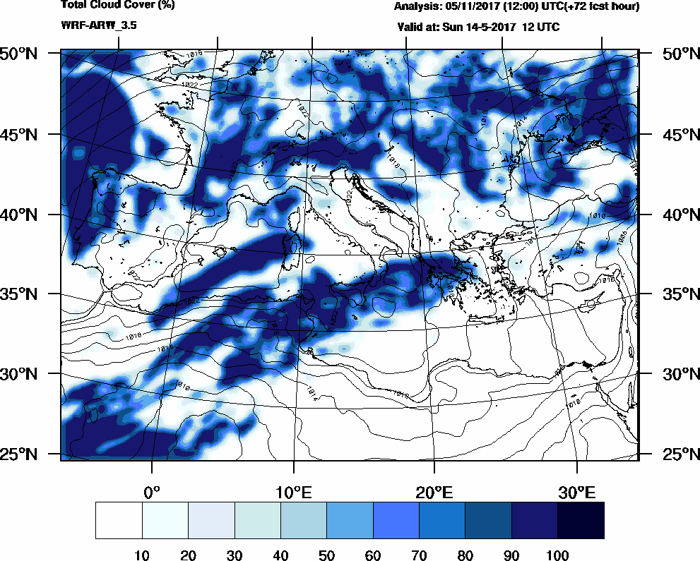 Total cloud cover (%) - 2017-05-14 06:00