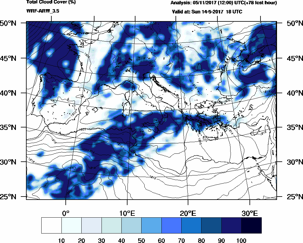 Total cloud cover (%) - 2017-05-14 12:00