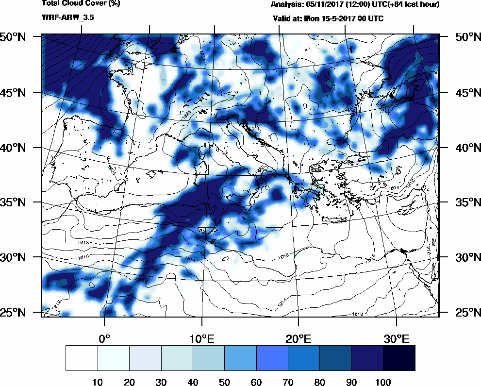 Total cloud cover (%) - 2017-05-14 18:00