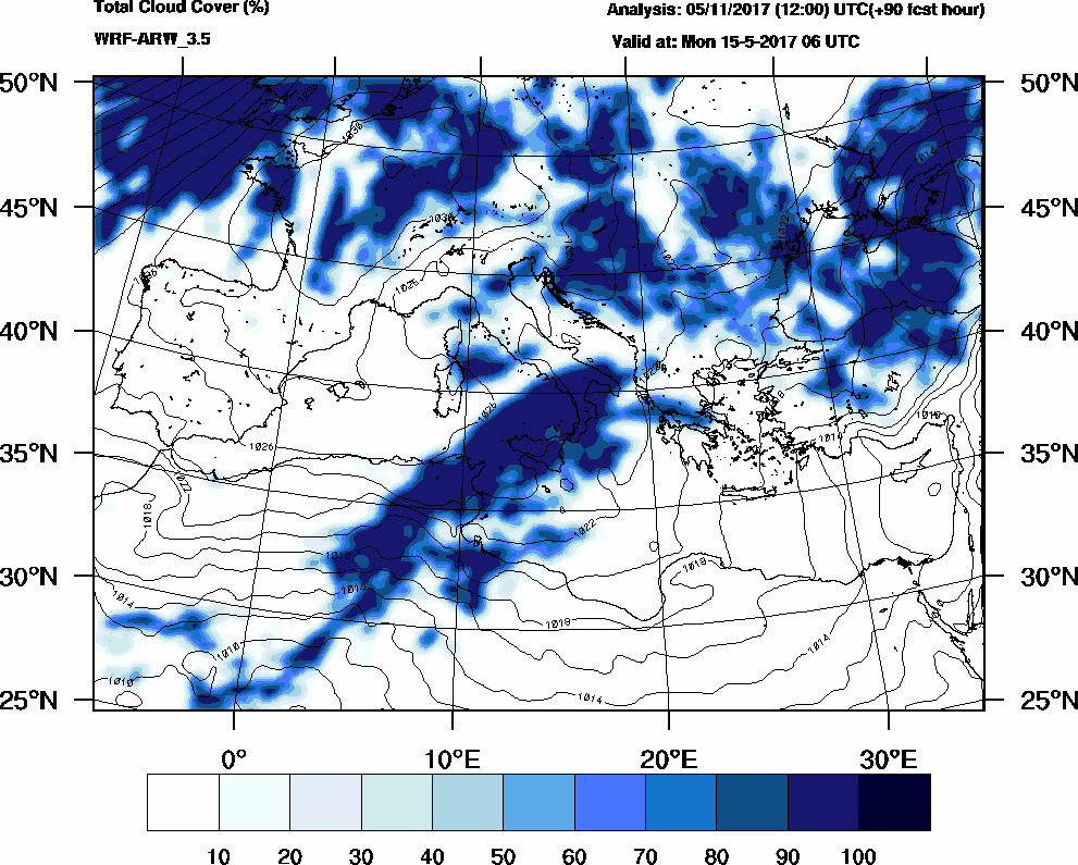 Total cloud cover (%) - 2017-05-15 00:00