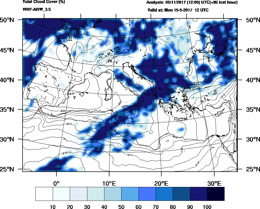 Total cloud cover (%) - 2017-05-15 06:00