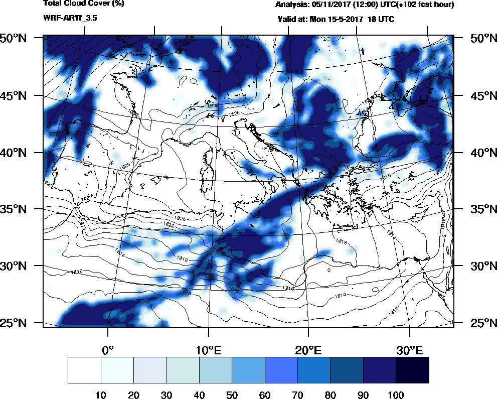 Total cloud cover (%) - 2017-05-15 12:00