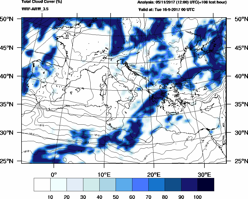 Total cloud cover (%) - 2017-05-15 18:00