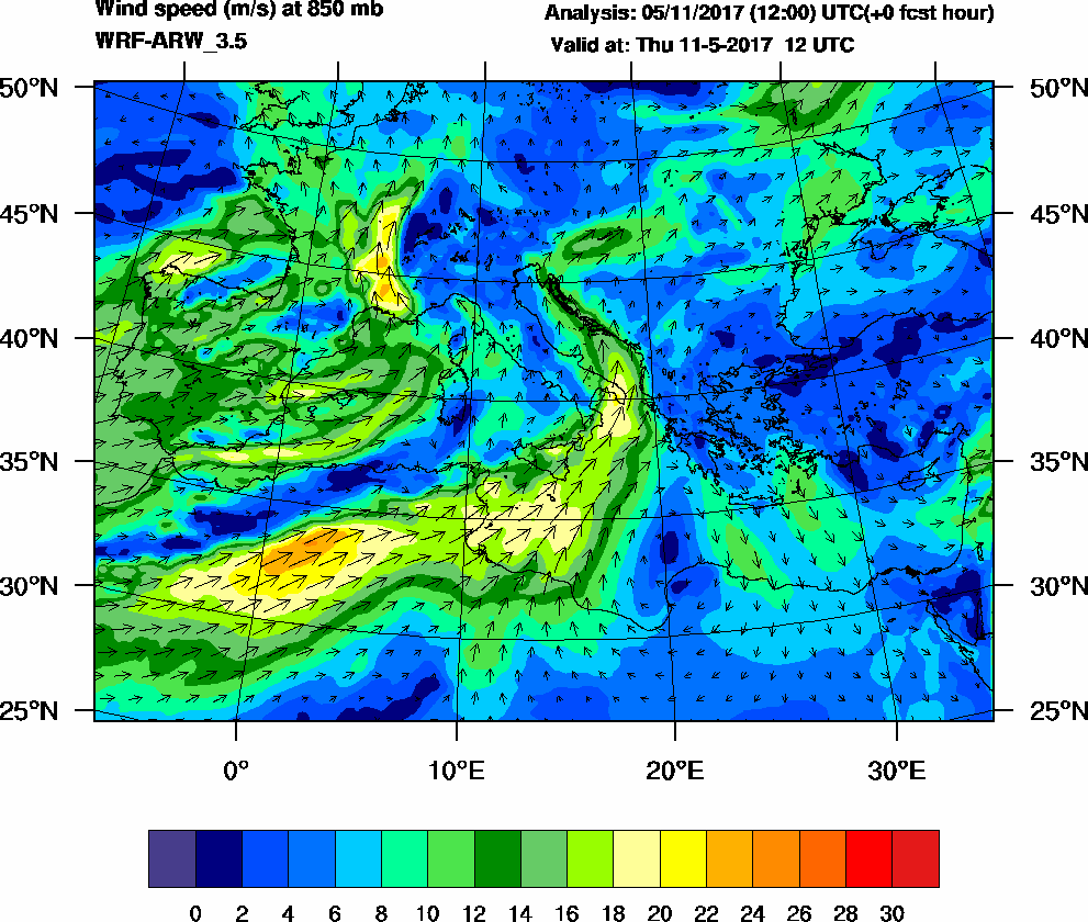 Wind speed (m/s) at 850 mb - 2017-05-11 12:00