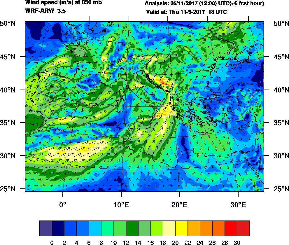 Wind speed (m/s) at 850 mb - 2017-05-11 18:00