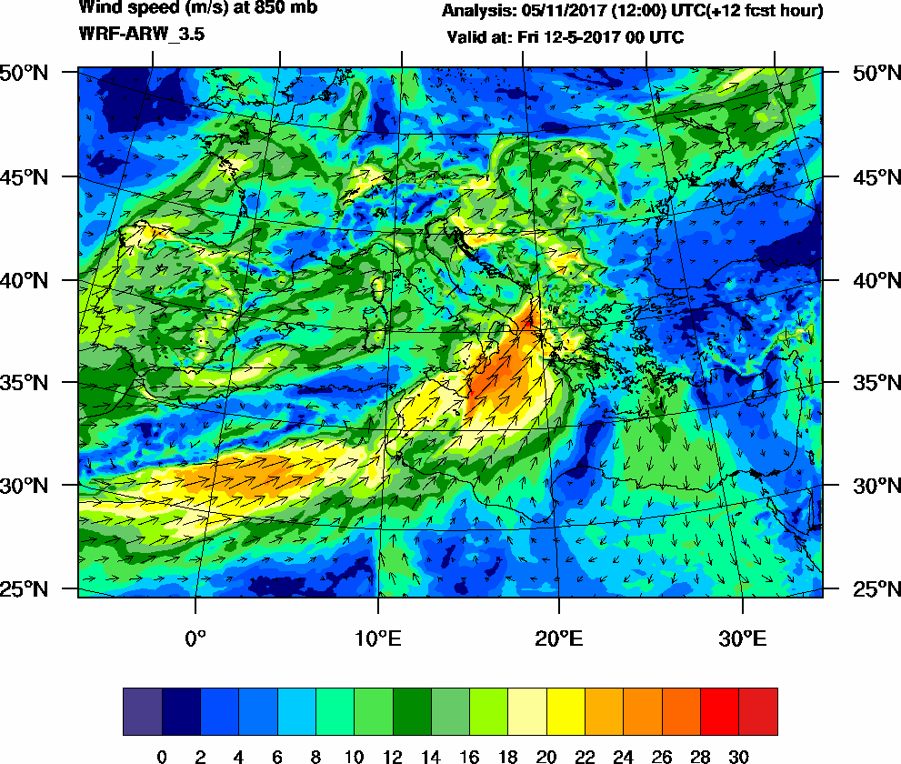 Wind speed (m/s) at 850 mb - 2017-05-12 00:00