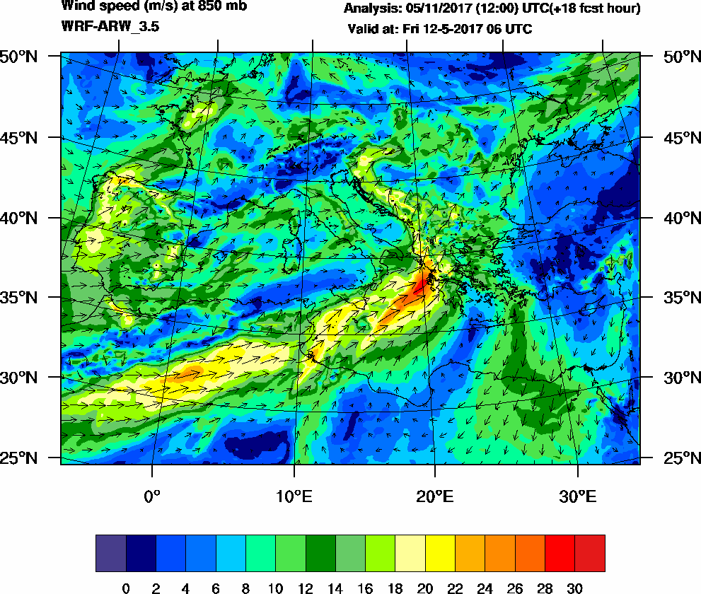 Wind speed (m/s) at 850 mb - 2017-05-12 06:00